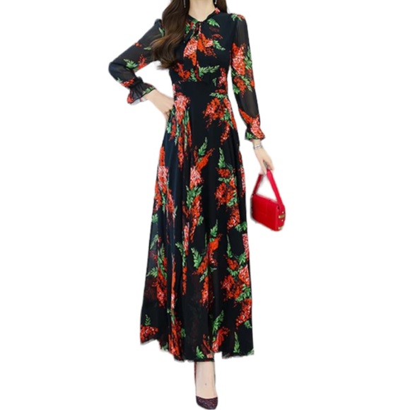 Black Red Floral Tie Bow Neck Maxi Long Dress Sheer Long Sleeve size 14 NWT - Picture 1 of 11